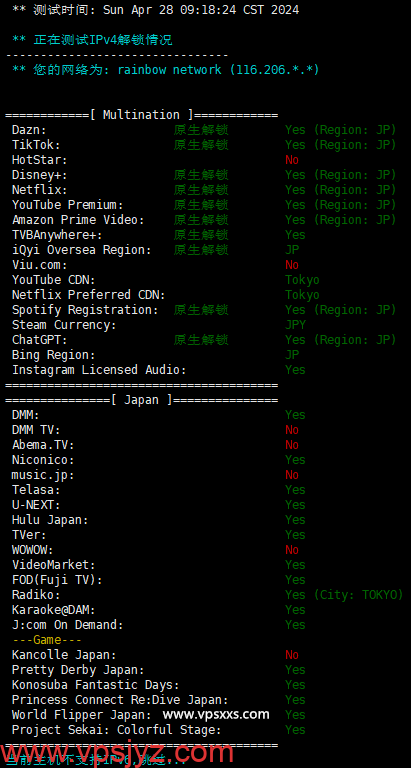 丽萨主机日本原生IP大带宽VPS日本流媒体解锁能力测试