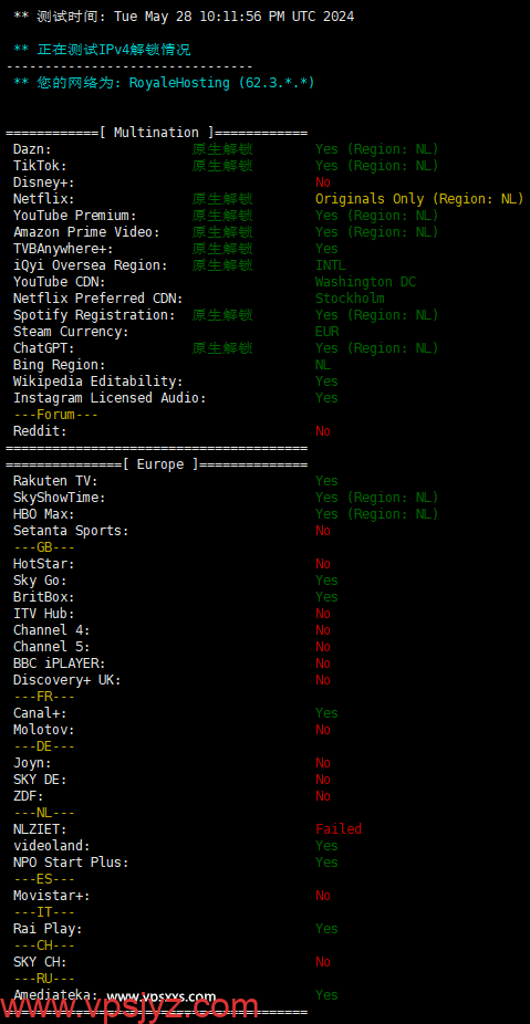 Airnode Hosting荷兰VPS欧洲流媒体解锁能力测试