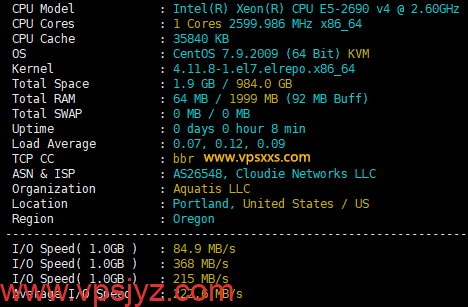 Aquatis美国西雅图大硬盘VPS硬件测试