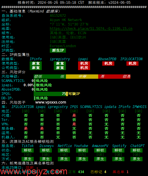 六六云英国原生IP VPS IP质量体检报告