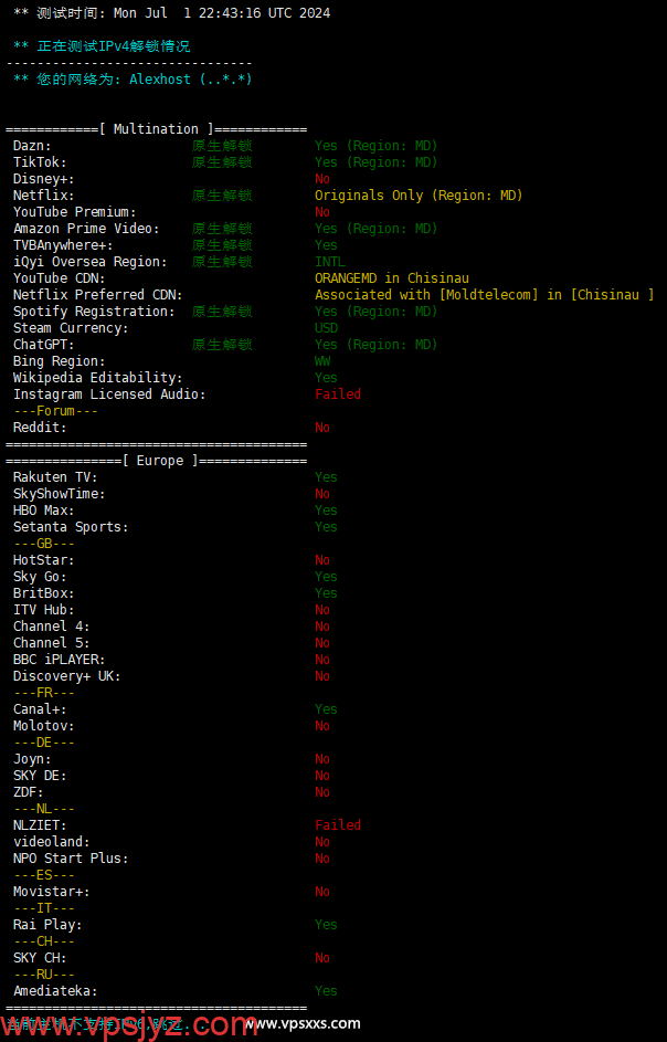 AlexHost摩尔多瓦抗投诉VPS欧洲流媒体解锁能力测试