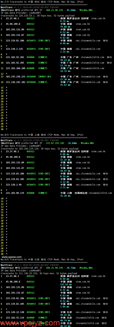 Evoxt香港VPS移动回程路由