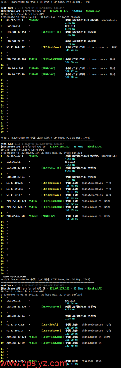 六六云美国CN2 GIA原生IP VPS联通回程路由