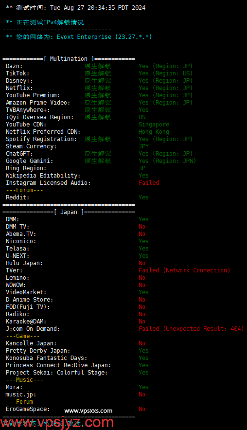 Evoxt日本东京VPS流媒体解锁能力测试