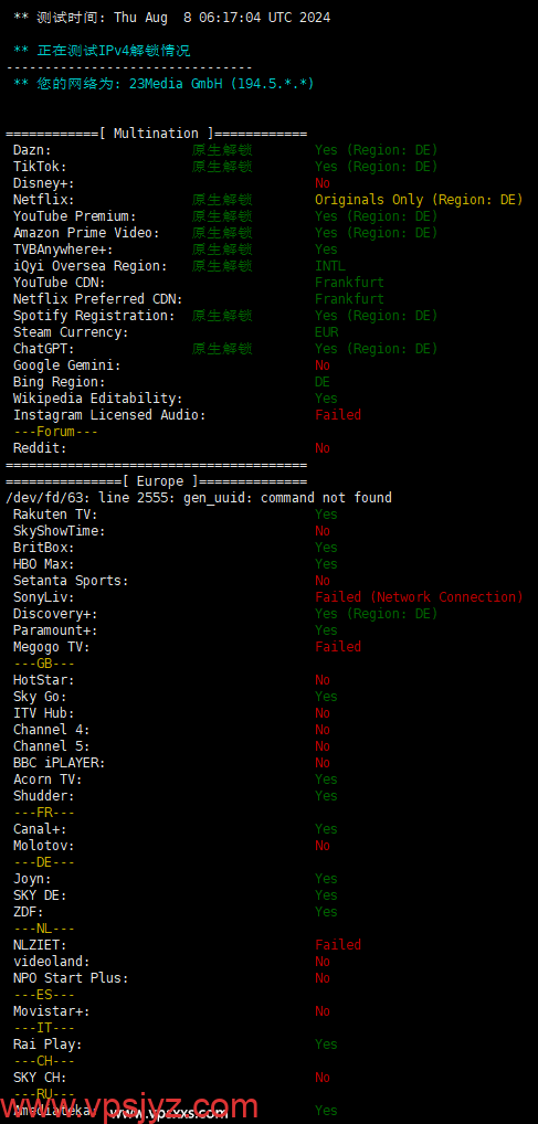 Friendhosting德国VPS流媒体解锁能力测试（IPv4）