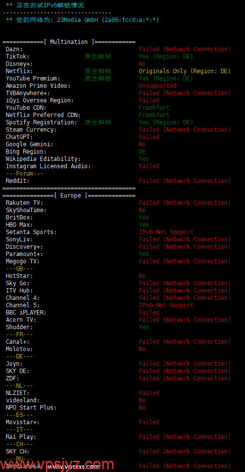 Friendhosting德国VPS流媒体解锁能力测试（IPv6）