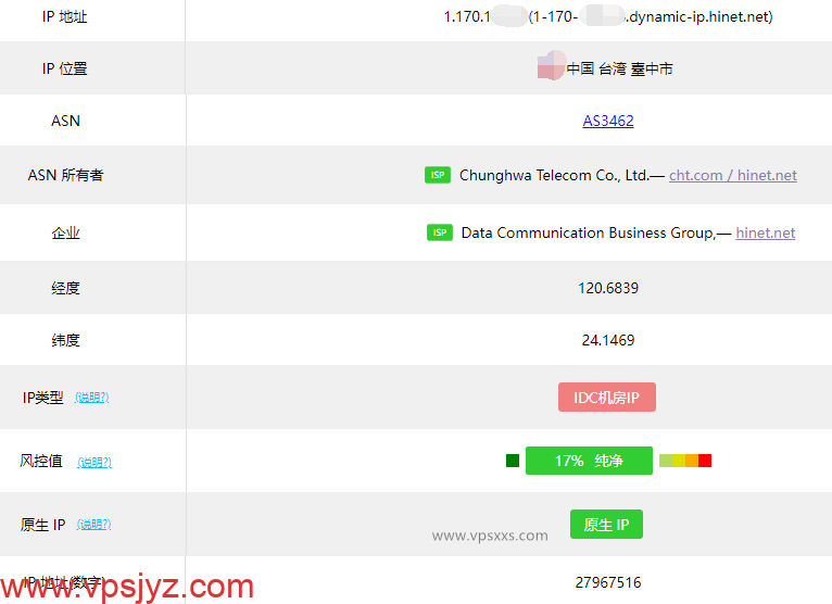 丽萨主机台湾双ISP住宅hinet动态IP VDS ping0.cc检测