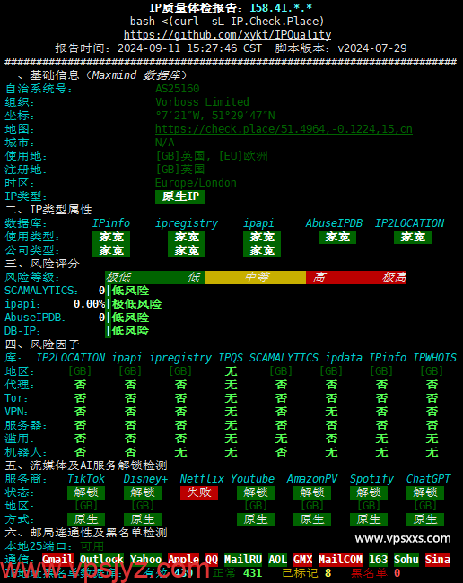 丽萨主机英国家宽IP VPS IP质量体检报告