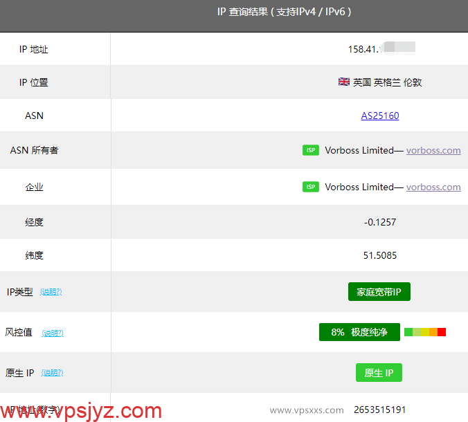 丽萨主机英国家宽IP VPS ping0.cc检测