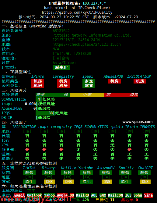 六六云中国台湾原生IP VPS IP质量体检报告