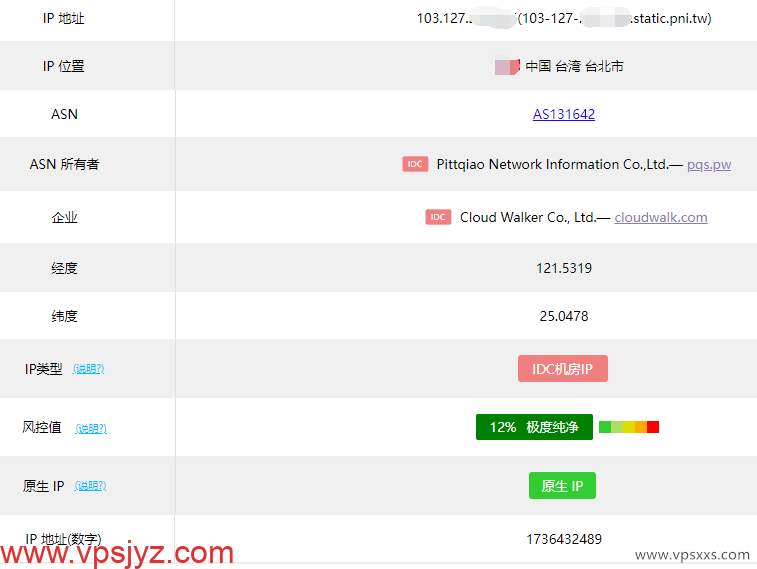 六六云中国台湾原生IP VPS ping0.cc检测