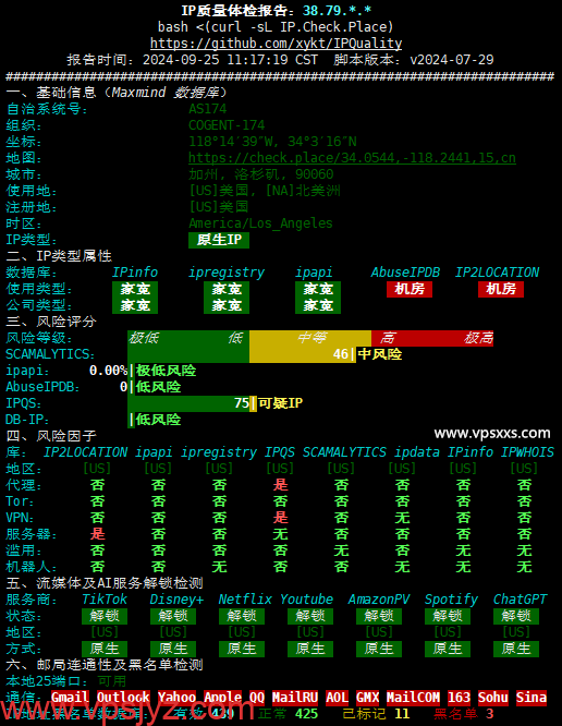 六六云美西原生IP双ISP - 9929 VPS IP质量体检报告