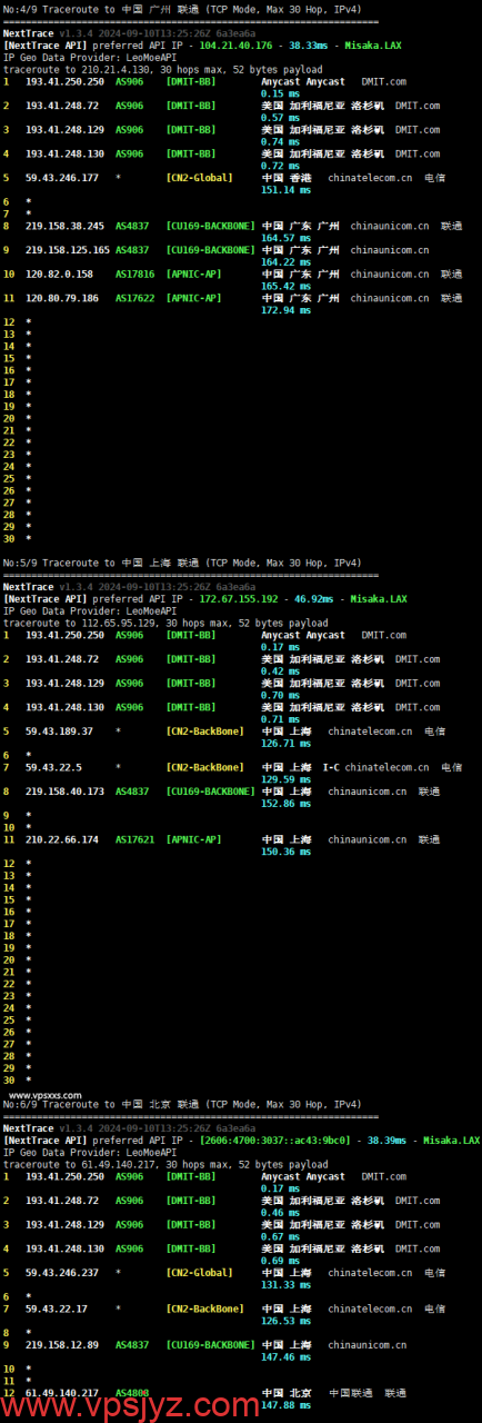 DMIT美国CN2 GIA VPS联通回程路由