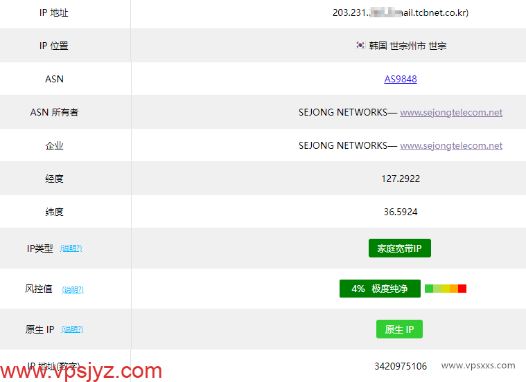 zlidc韩国双ISP家宽服务器ping0.cc检测