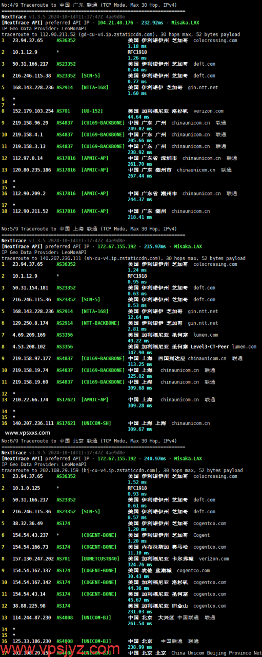 ColoCrossing美国芝加哥VPS联通回程路由