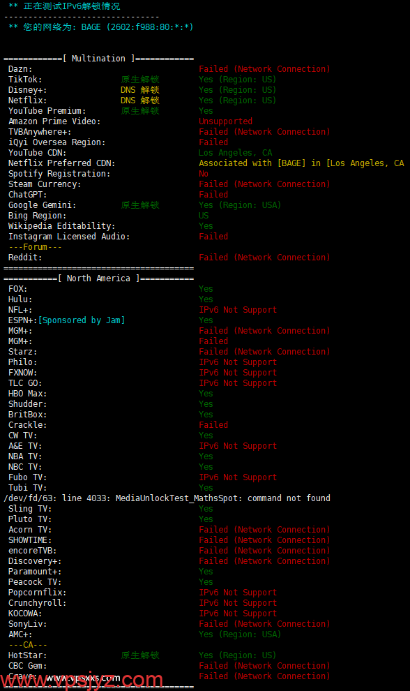 BageVm美国洛杉矶VPS IPv6流媒体解锁测试
