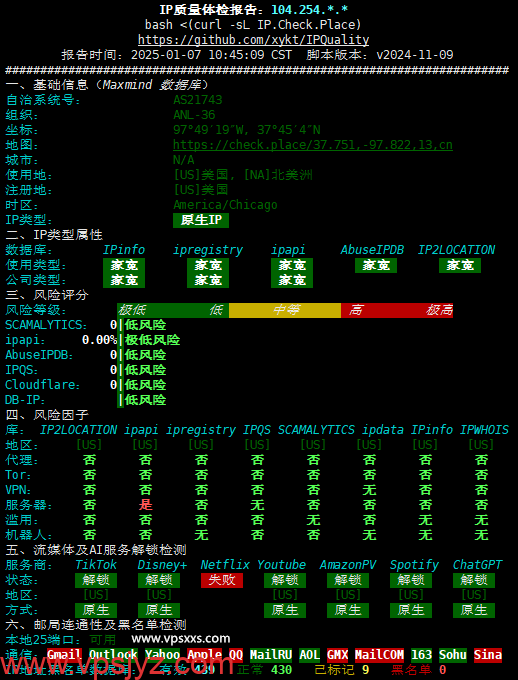 丽萨主机美国西雅图家宽住宅IP VPS IP质量体检报告