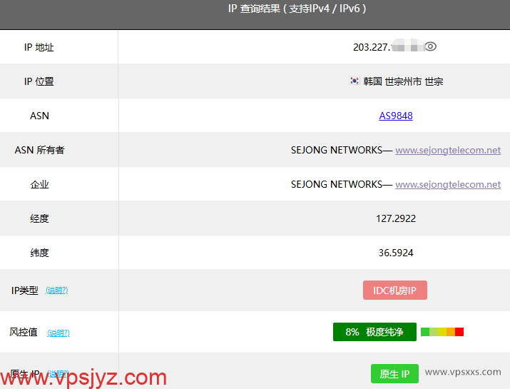 丽萨主机韩国双ISP家宽VPS ping0.cc检测